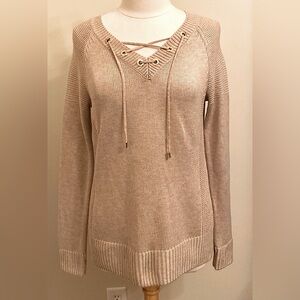 Calvin Klein Tan SZ XS Neutral Boho Chic Coastal Grommet Knit Oversized Sweater